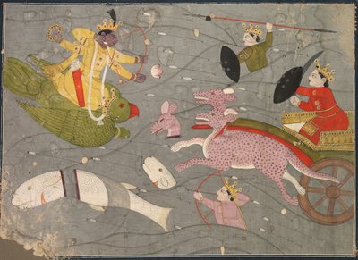 Krishna Fighting Vanasuras Sons: Scene from Aniruddha Usha Section of Krishna Lila، c. 1840. بواسطة غير معروف