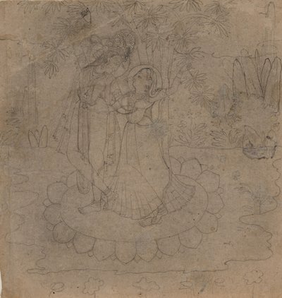 كريشنا ورادها يقفان على لوتس ، أواخر القرن التاسع عشر وأوائل القرن العشرين. بواسطة غير معروف