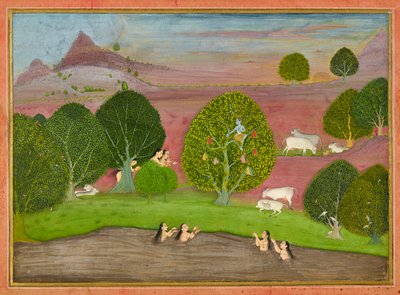 كريشنا يسرق ملابس gopis ، ورقة من Bhagavata Purana ، كاليفورنيا. 1690-1700. بواسطة غير معروف