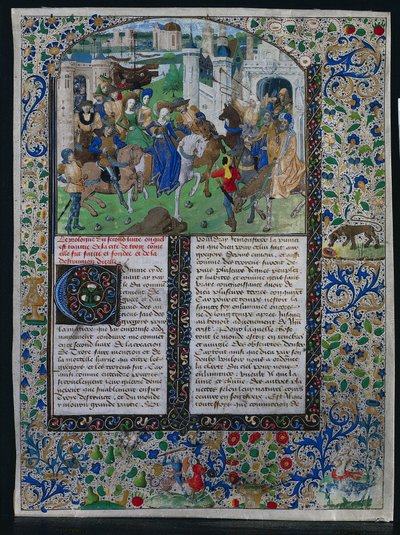 ورقة من Jehan de Courcys Universal Chronicle: الملك بريام يلتقي هيلين وباريس ... ، ج. 1470. بواسطة غير معروف