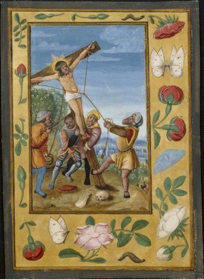 ورقة من كتاب ساعات: رفع الصليب ، ج. 1510-1520. بواسطة غير معروف