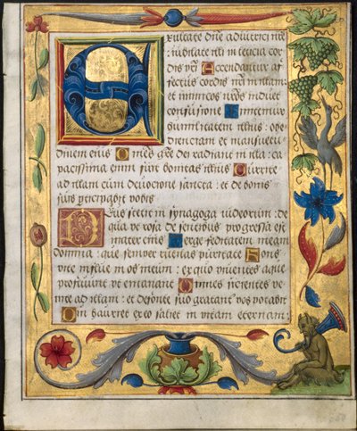 ورقة من سفر المزامير وكتاب الصلاة: حرف E الأولي مع حدود الزينة ... recto، c. 1524. بواسطة غير معروف