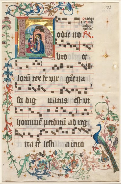 ورقة من Antiphonary: H الأولي مع مستطيل الميلاد والنص المقابل ، ج. 1480. بواسطة غير معروف