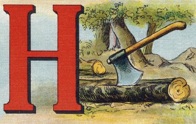 الحرف ح: فأس. نقش في "Alphabet de ma petite fille". برناردين-بيشيت وفلس ، بائعون وناشرون ، باريس ، حوالي عام 1895. ألبوم غير قابل للكسر على قماش. Bibliotheque des Bebes. 12 صفحة. ألبوم يحتوي على طريقة قراءة ومختصر توضيحي. بواسطة غير معروف