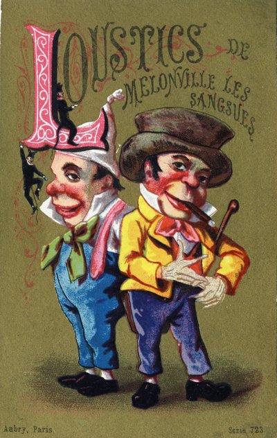 الحرف L: Melonville Loustics العلقيات. نقش في "Alphabet des grotesques" ". سلسلة من 25 مطبوعة حجرية ملونة للإعلان على خلفية قديمة ، أواخر القرن التاسع عشر. قاتمة: 11 × 7 سم بواسطة غير معروف