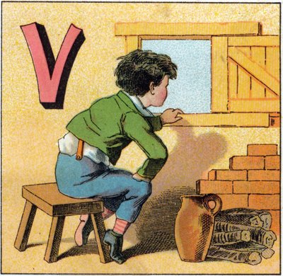 الحرف الخامس آفاسيستاس. طفل فضولي ينظر من النافذة. نقش في "Alphabet des petits ecoliers". تصوير إبينال ، حوالي عام 1885. مجموعة بريفيه بواسطة غير معروف