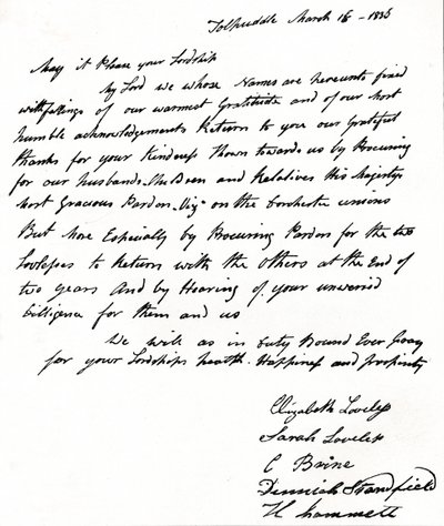 رسالة مكتوبة لوزيرة الداخلية جون راسل 1792-1878 من زوجات شهداء تولبادل ، بواسطة غير معروف