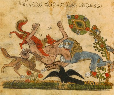 أسد يتفوق على جمل ، كليلة ودمنة ، كتاب خرافية عربي إسباني ، القرن الثالث عشر. بواسطة غير معروف