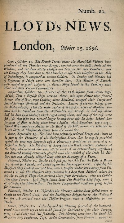 لويدز نيوز. لندن ، 15 أكتوبر 1696 - خدر. 20 ، 1928 بواسطة غير معروف