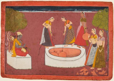 Madhava يلعب فينا قبل خمس نساء يسحبن الماء من بئر ، من Madhavanala ... ، ج. 1700. بواسطة غير معروف