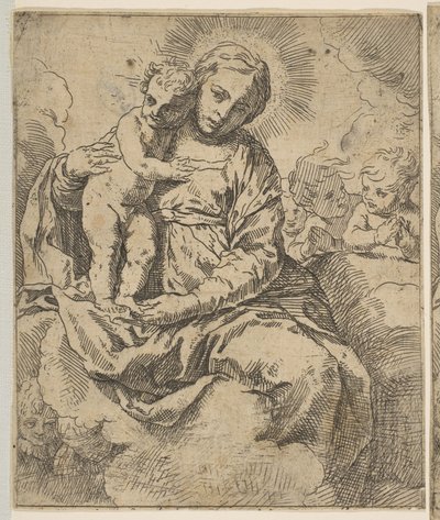 مادونا والطفل يجلسان على الغيوم ويحيط بهما الملائكة ، نسخ في الاتجاه المعاكس ... ، حوالي 1639 أو بعد. بواسطة غير معروف