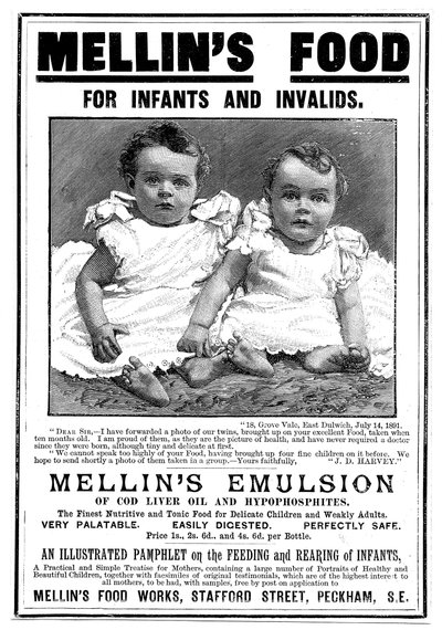 إعلان مجلة Mellins Emulsion ، مكمل غذائي يعتمد على زيت كبد سمك القد ، c1890 بواسطة غير معروف