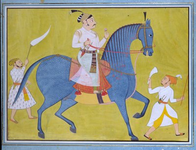 مهراجا براتاب سينغ من ساوار يركب مع اثنين من الحاضرين سيرًا على الأقدام ، 1700 بواسطة غير معروف