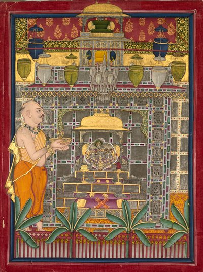 يرتدي Maharao Kishor Singh كاهن Vallabha يعبد Krishna مثل Brijrajji ، في منتصف القرن التاسع عشر. بواسطة غير معروف