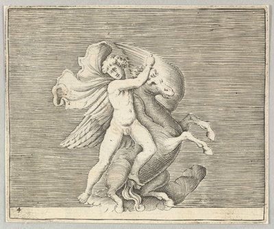 رجل يتصارع مع الحصان المجنح ، تم نشره في كاليفورنيا. 1599-1622. بواسطة غير معروف
