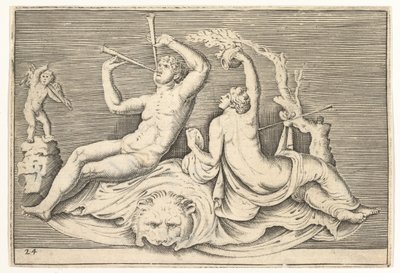 رجل يلعب اثنين من المزامير وامرأة على Lionskin ، تم نشره في كاليفورنيا. 1599-1622. بواسطة غير معروف