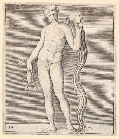 رجل مع جراد البحر وجرة الماء ، تم نشره في كاليفورنيا. 1599-1622. بواسطة غير معروف