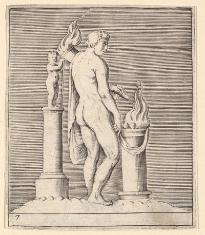 رجل مع الشعلة بين مذبح المشتعلة والتمثال ، تم نشره في كاليفورنيا. 1599-1622. بواسطة غير معروف