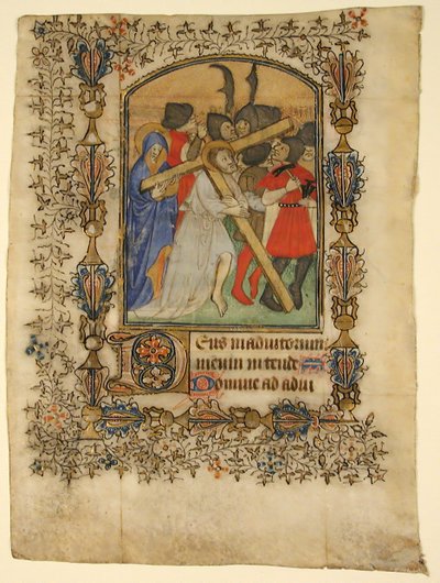 ورقة مخطوطة من كتاب ساعات ... الأولي مضاء د والمسيح يحمل الصليب ، 1390-140 بواسطة غير معروف