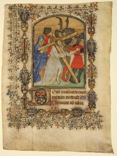 ورقة مخطوطة من كتاب الصلوات تُظهر الحرف الأول المضيء د والمسيح ... ، 1390-1400. بواسطة غير معروف