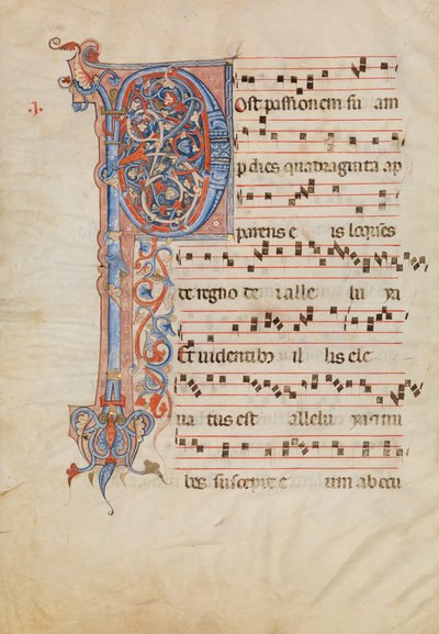 ورقة مخطوطة عليها الحرف الأول المرقق P ، من Antiphonary ، الإيطالي ، كاليفورنيا. 1250-60. بواسطة غير معروف