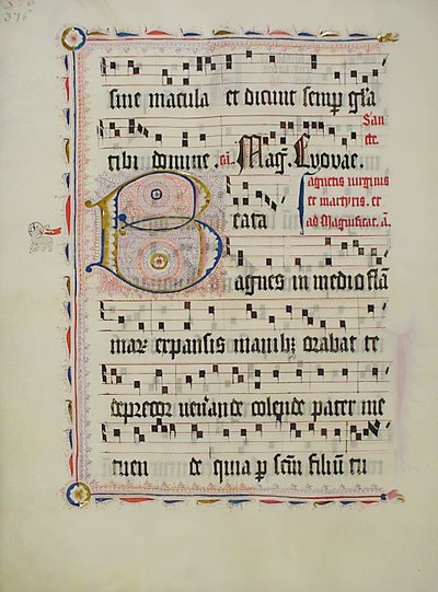 ورقة مخطوطة تحمل الحرف الأول ب ، من Antiphonary ، ألماني ، الربع الثاني من القرن الخامس عشر. بواسطة غير معروف