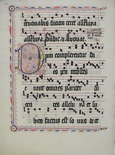 ورقة مخطوطة تحمل الحرف الأول D ، من Antiphonary ، ألماني ، الربع الثاني من القرن الخامس عشر. بواسطة غير معروف