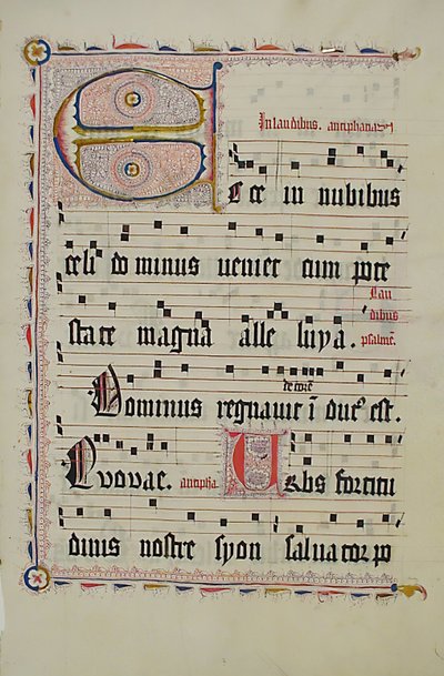 ورقة مخطوطة تحمل الحرف الأول E ، من Antiphonary ، ألماني ، الربع الثاني من القرن الخامس عشر. بواسطة غير معروف