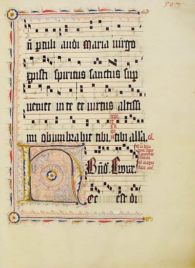 ورقة مخطوطة مكتوب عليها الأحرف الأولى H ، من Antiphonary ، ألماني ، الربع الثاني من القرن الخامس عشر. بواسطة غير معروف