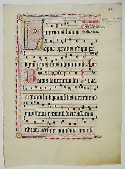ورقة مخطوطة بالأحرف الأولى L ، من Antiphonary ، ألماني ، الربع الثاني من القرن الخامس عشر. بواسطة غير معروف