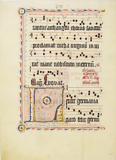 ورقة مخطوطة بالأحرف الأولى L ، من Antiphonary ، ألماني ، الربع الثاني من القرن الخامس عشر. بواسطة غير معروف