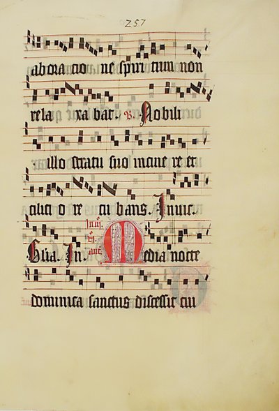 ورقة مخطوطة عليها الحرف الأول M ، من Antiphonary ، ألماني ، الربع الثاني من القرن الخامس عشر. بواسطة غير معروف