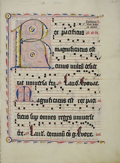 ورقة مخطوطة بالأحرف الأولى R ، من Antiphonary ، ألماني ، الربع الثاني من القرن الخامس عشر. بواسطة غير معروف