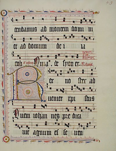 ورقة مخطوطة بالأحرف الأولى R ، من Antiphonary ، ألماني ، الربع الثاني من القرن الخامس عشر. بواسطة غير معروف