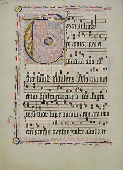 ورقة مخطوطة عليها الحرف الأول T ، من Antiphonary ، ألماني ، الربع الثاني من القرن الخامس عشر. بواسطة غير معروف