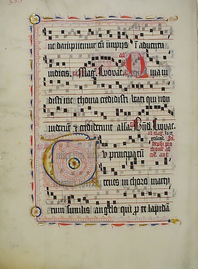 ورقة مخطوطة عليها الحرف الأول T ، من Antiphonary ، ألماني ، الربع الثاني من القرن الخامس عشر. بواسطة غير معروف