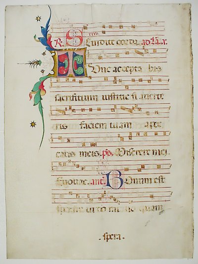 ورقة مخطوطة تحمل الحرف الأول من الحرف T ، من Antiphonary ، الإيطالي ، القرن الخامس عشر. بواسطة غير معروف