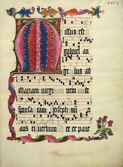 ورقة مخطوطة عليها الحرف الأول M ، من Antiphonary ، ألماني ، كاليفورنيا. 1425-50. بواسطة غير معروف