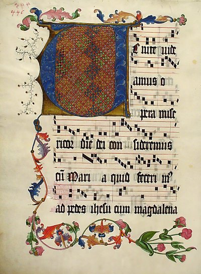 ورقة مخطوطة عليها الحرف الأول ، من Antiphonary ، ألماني ، كاليفورنيا. 1425-50. بواسطة غير معروف