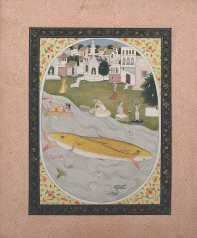 رسم مخطوط بمشهد تانتري هندوسي يصور سمكتين ، 1800-1820. بواسطة غير معروف