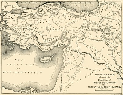 خريطة آسيا الصغرى ، رحلة قورش الأصغر ، وتراجع عشرة آلاف ، 1890. بواسطة Unbekannt