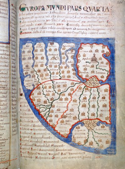 خريطة لأوروبا ، صفحة من Liber Floridus ، القرن الثاني عشر بواسطة غير معروف