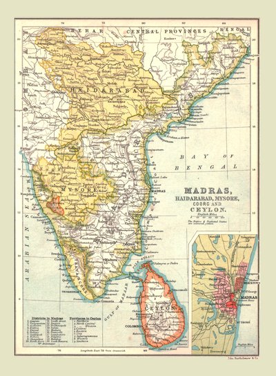 خريطة مدراس ، حيدر أباد ، ميسور ، كورج وسيلان ، 1902. بواسطة غير معروف