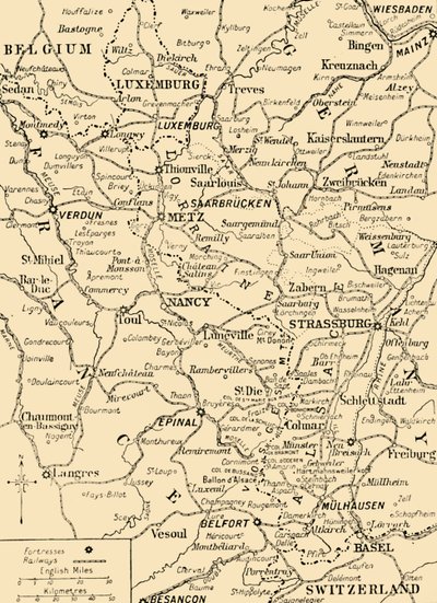 خريطة توضح الحدود بين فرنسا وألمانيا ، الحرب العالمية الأولى ، c1915 ، c1920. بواسطة غير معروف