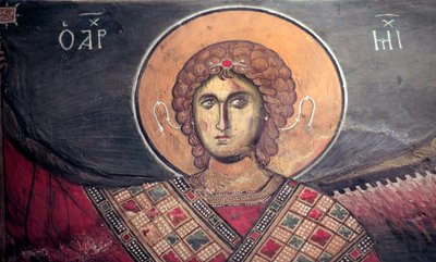 Mickael Archangel Byzantine جدارية من كنيسة باناجيا تو أراكوس في القرن الثاني عشر في قبرص الكنائس المرسومة موقع اليونسكو ترودوس ، قبرص بواسطة غير معروف