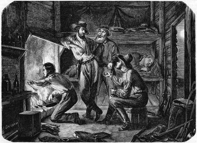 عمال المناجم في حقول الذهب في كاليفورنيا يسترخون في كابينة الخشب الخاصة بهم ليلا ، 1853 بواسطة غير معروف
