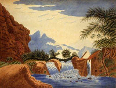 مشهد جبلي وعجلة مائية ، كاليفورنيا. 1820-1870. بواسطة غير معروف