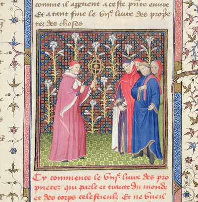 Ms 251 f.135r خمسة رجال ، أحدهم يحمل كرة سلاح ، من "Des Proprietez des Choses" ، حوالي 1415 (ورق) بواسطة غير معروف