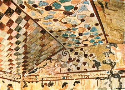 لوحة جدارية في القبر مع مأدبة Tomba del Triclinio ، Tarquinia ، إيطاليا ، 1928. بواسطة غير معروف