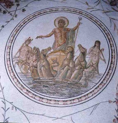 نبتون على عربته ، مع Hippocampi و Tritons (فسيفساء) بواسطة غير معروف